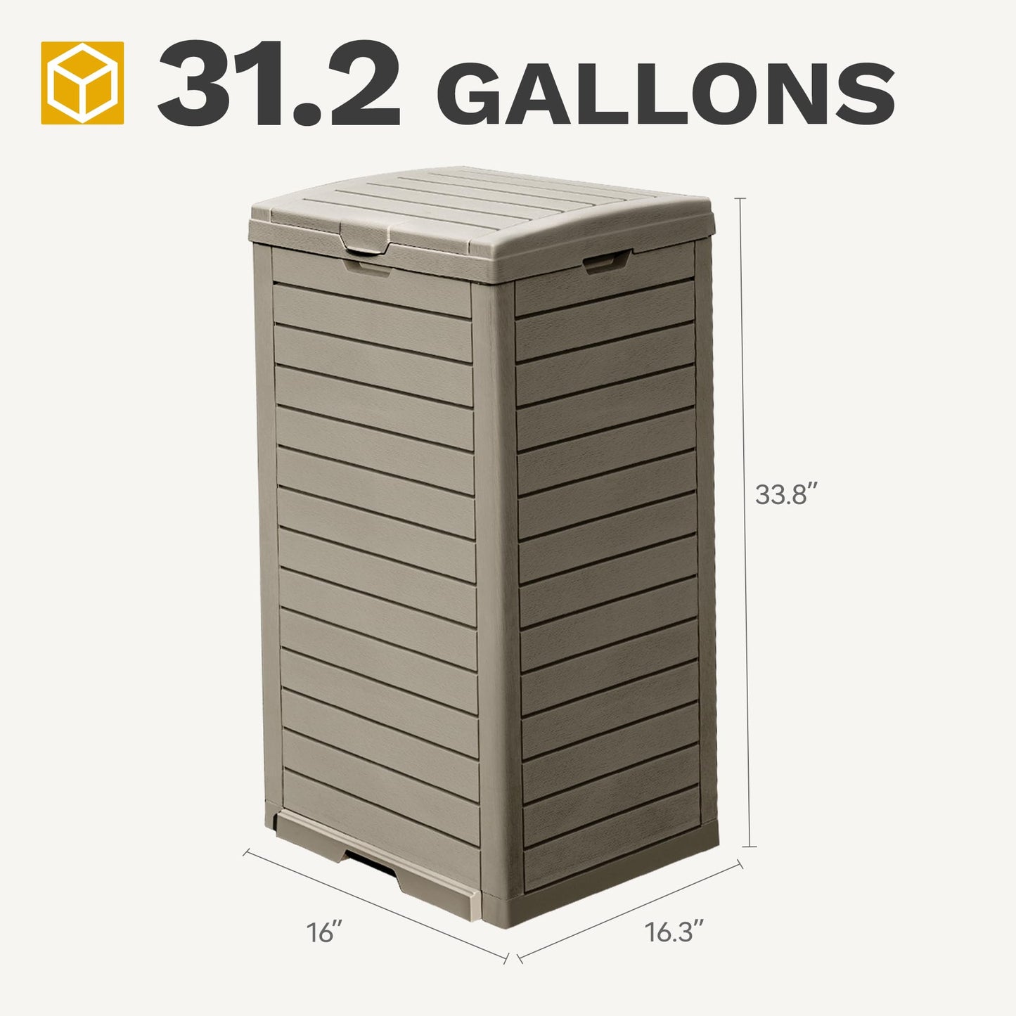 DWVO 38 Gallon Large Outdoor Trash Can, Waterproof Resin Hideaway Garbage Bin with Lid and Drip Tray, Outside Trash Bin for Porch, Backyard, Deck, Patio, Poolside, Easy to Clean, Taupe