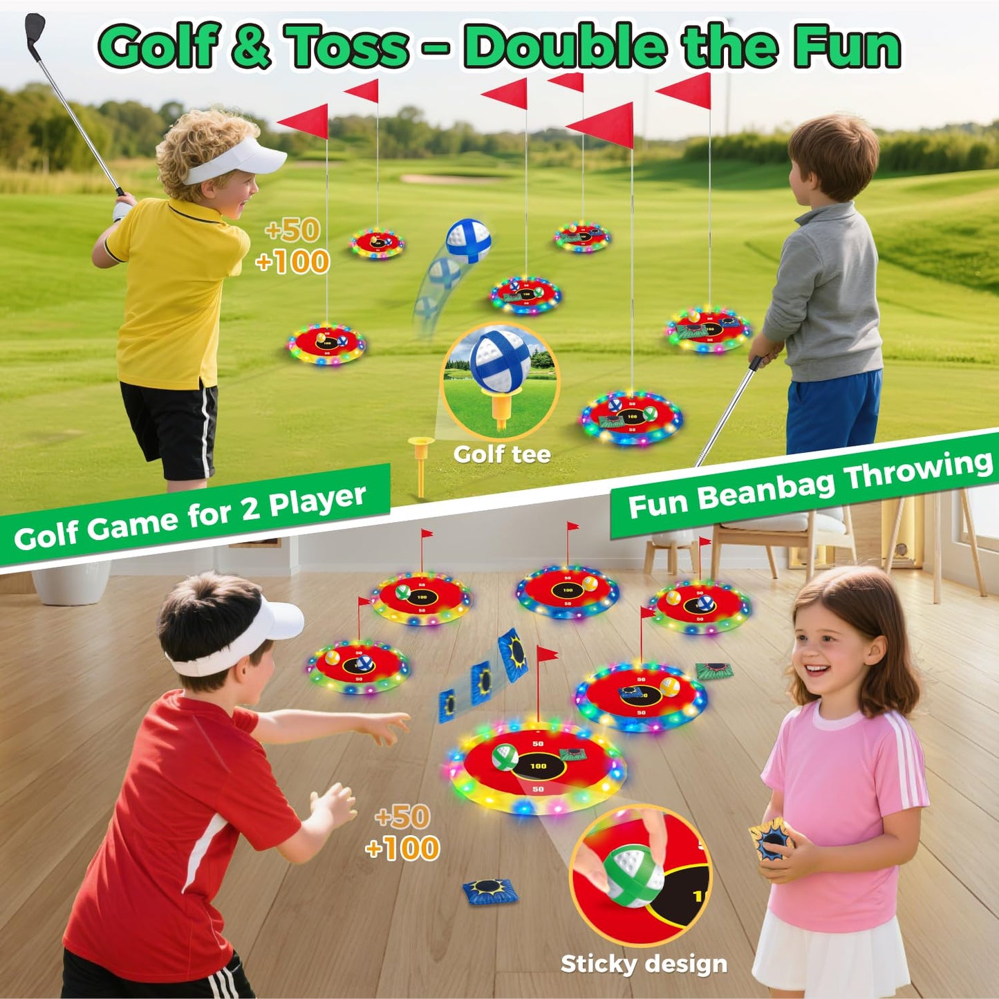 VATOS Light Up Golf Game Set for Kids, 2-in-1 Golf & Toss Game, 16 Balls, 2 Clubs, 6 Lighted Targets, Indoor & Outdoor Game Set, Gifts for Kids Boys Girls Ages 3-8