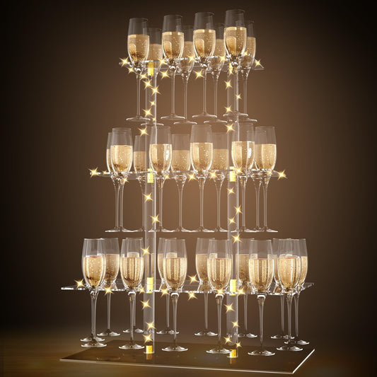 Champagne Display Holder Stand for Party With 32 Slots, Cocktail Tree Stand for Drinks 3 Tier Clear Acrylic Wine Glass Stemware Display Rack, Champagne Flute Wall Holder with Led Light for Party