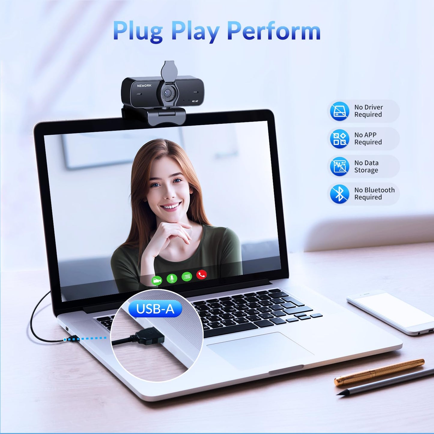NEWORK 4K Webcam for PC with Sony Sensor, Auto Focus & Privacy Cover, Ultra HD 4K Streaming Camera, 2 Noise-Cancelling Mics, USB Plug & Play, 77° FOV, Web Camera for Zoom, Skype, Teams, Video Calling