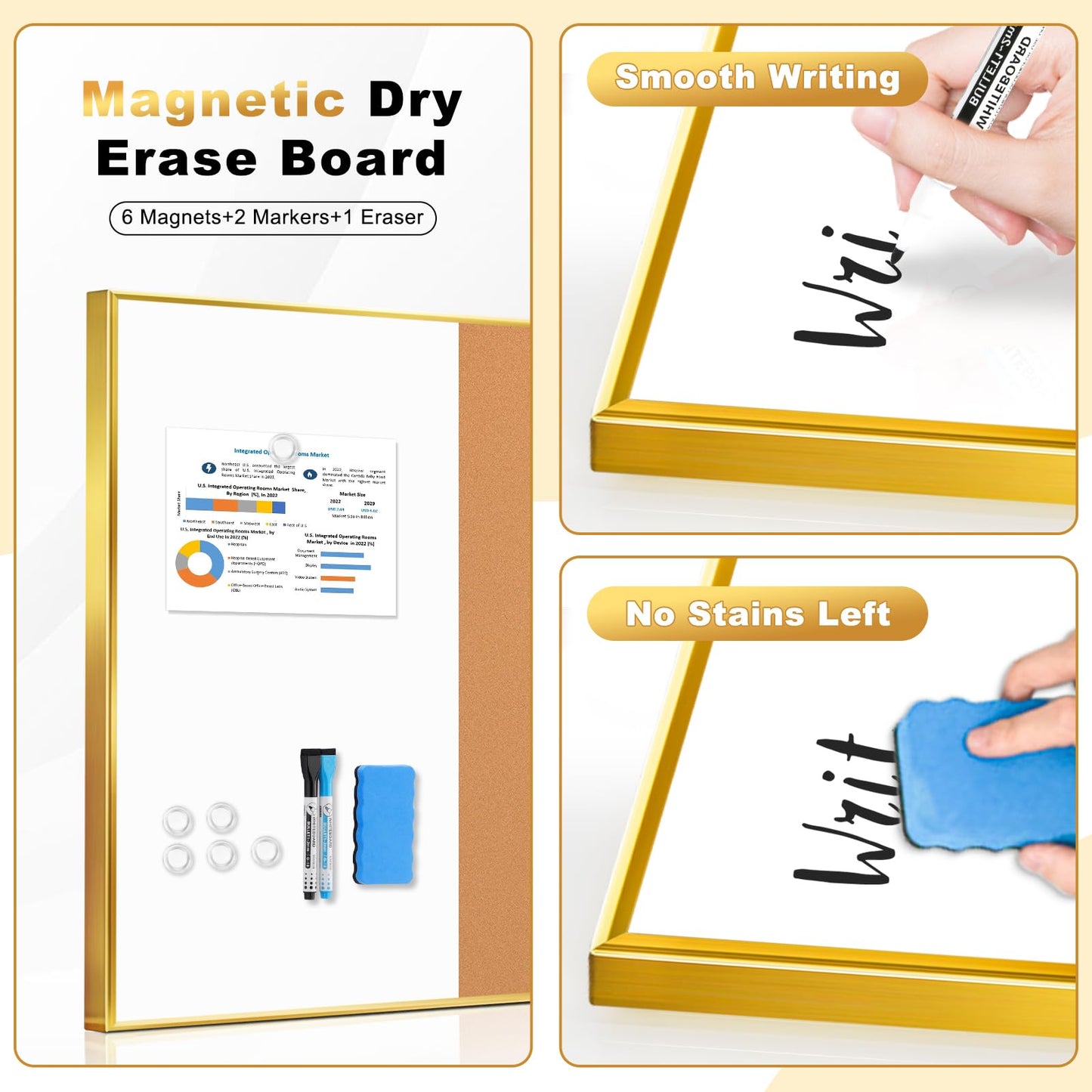 QUEENLINK Cork Board White Board Combo - 36'' x 24'' - Half Bulletin Board - Half Magnetic Dry Erase Board - Gold Aluminum Frame