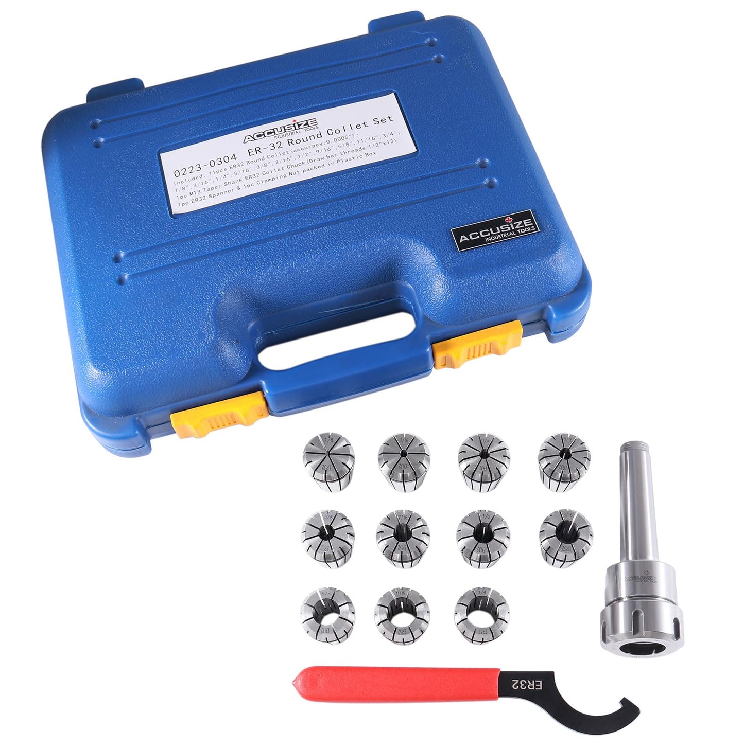 Accusize Industrial Tools Mt3 Shank Er32 Chuck with 11Pc Collets Kit, 1/8'' - 3/4'' by 16Th, Morse Taper Collet System, 0223-0304