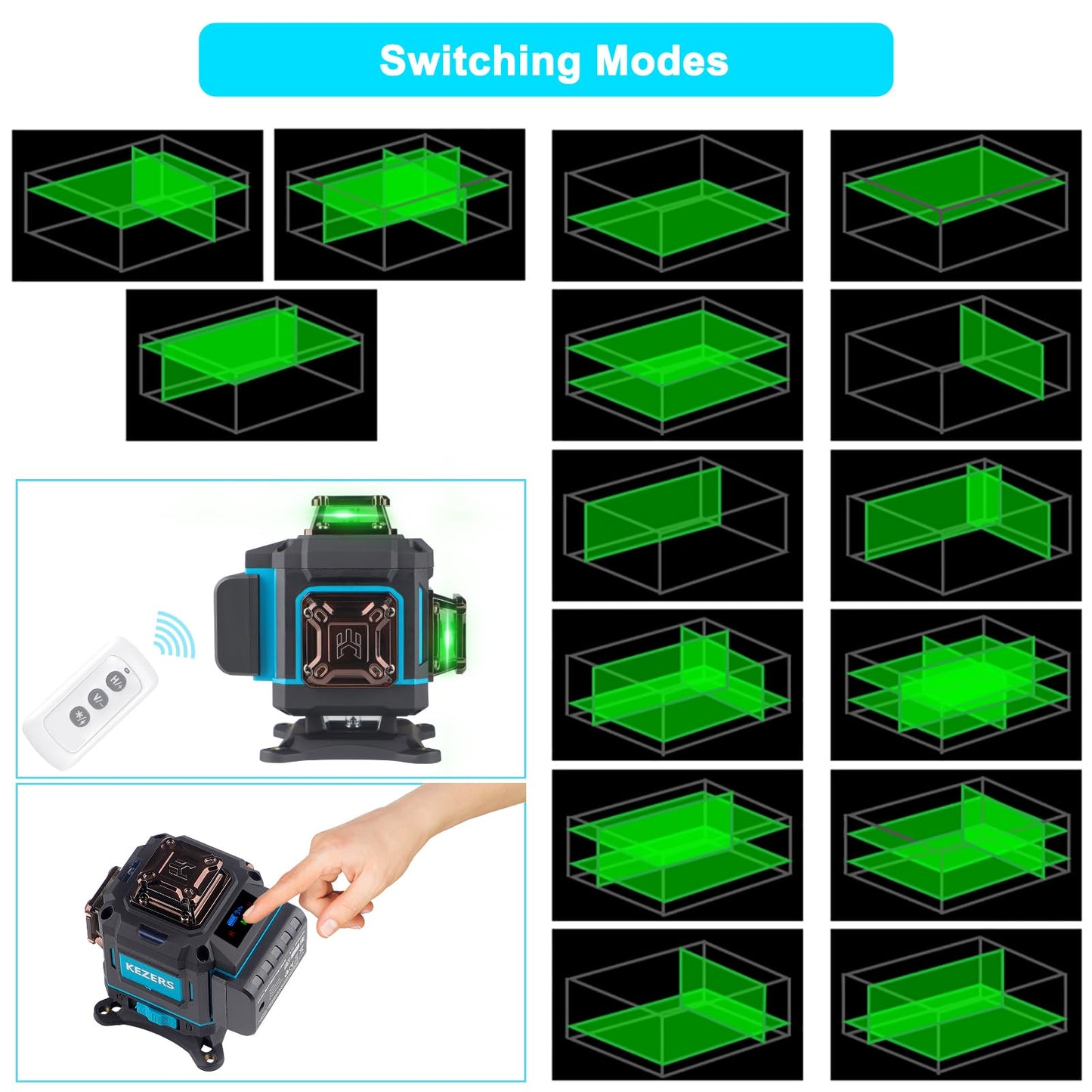 KEZERS Laser Level 360 Self Leveling,4 x 360 Laser Level with Screen Green Laser Level Line tool Leveling and Alignment Laser Tool with Pulse Mode for Construction and Picture Hanging,Remote Control