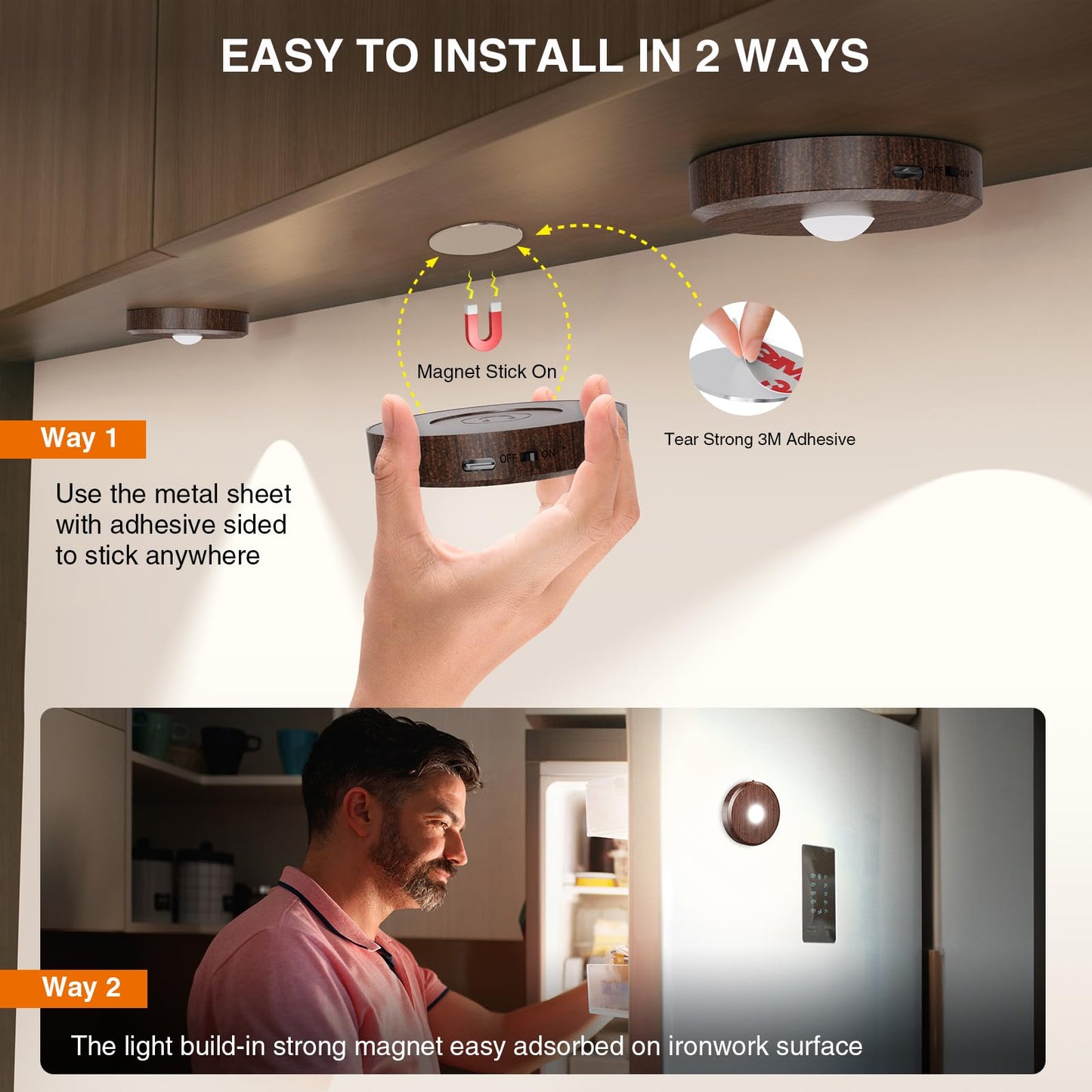 MEKKLEON Puck Lights with Remote Control Rechargeable,Wireless Under Cabinet Lighting,2000mAh Battery Operated Tap Push Touch Lights,Stick On Lights for Counter,Shelf,Bookcase (Wood Color, 5 Pcs)
