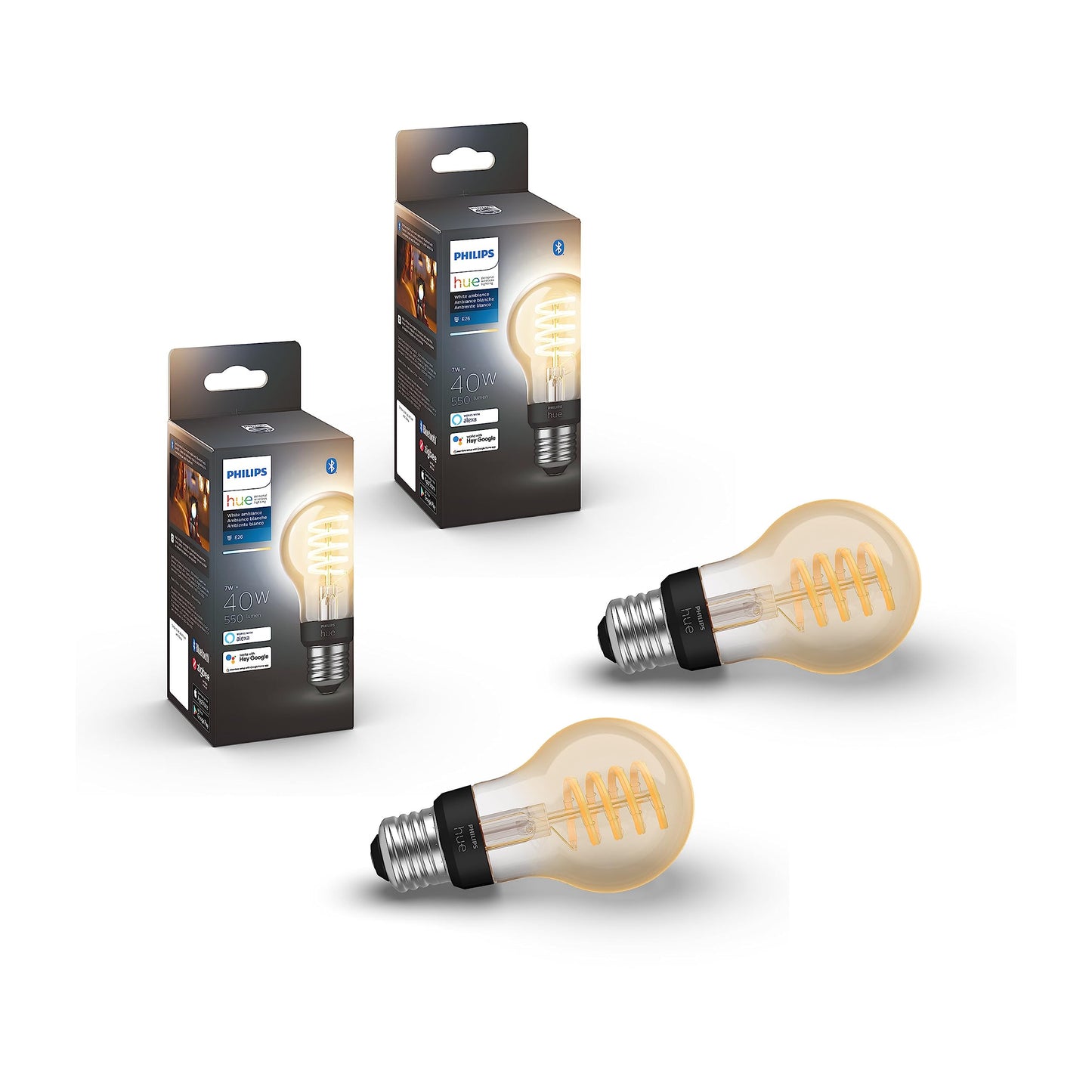 Philips Hue Smart 40W A19 Filament LED Bulb - White Ambiance Warm-to-Cool White Light - 2 Pack - 550LM - E26 - Indoor - Control with Hue App - Works with Alexa, Google Assistant and Apple Homekit