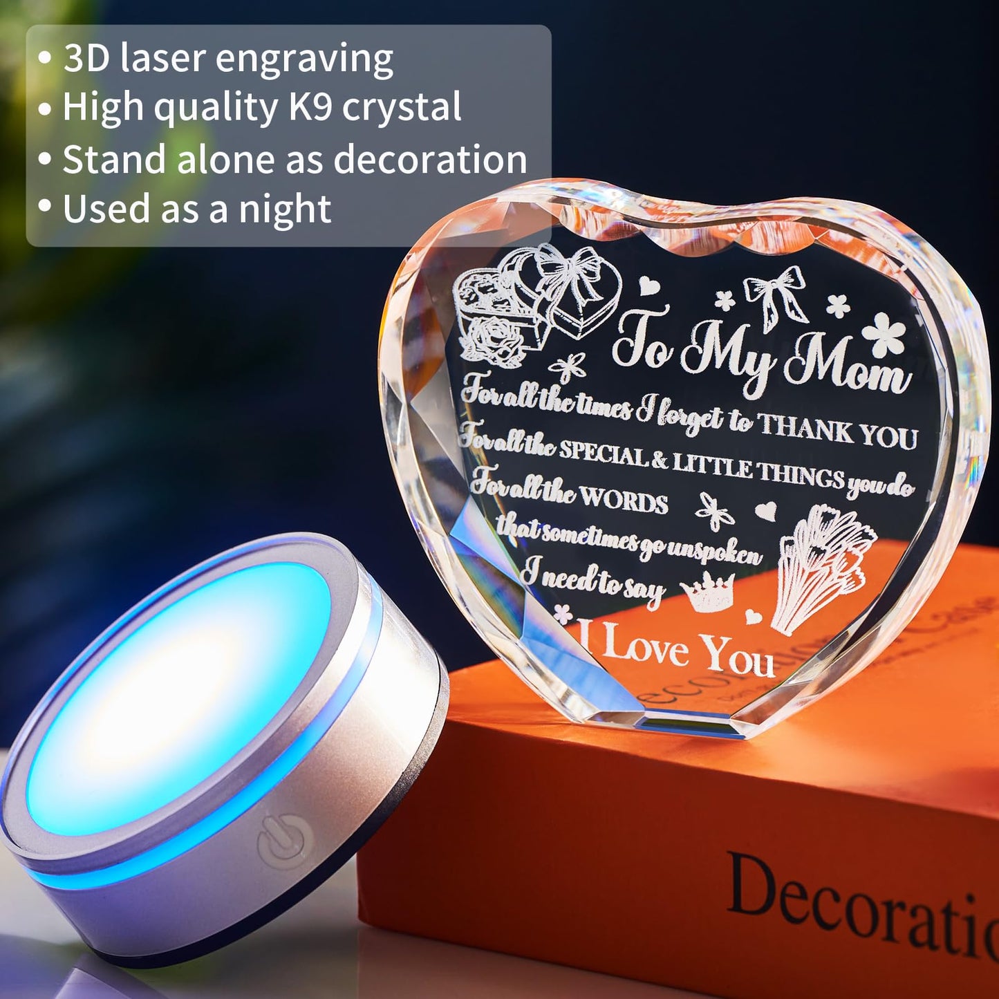 Mother’s Day Gifts for Mom from Daughter or Son – Crystal Heart Keepsake with LED Base, Unique Birthday Christmas Anniversary Present, Sentimental Gift for Mother, Thank You Ornament (Mother Gift)