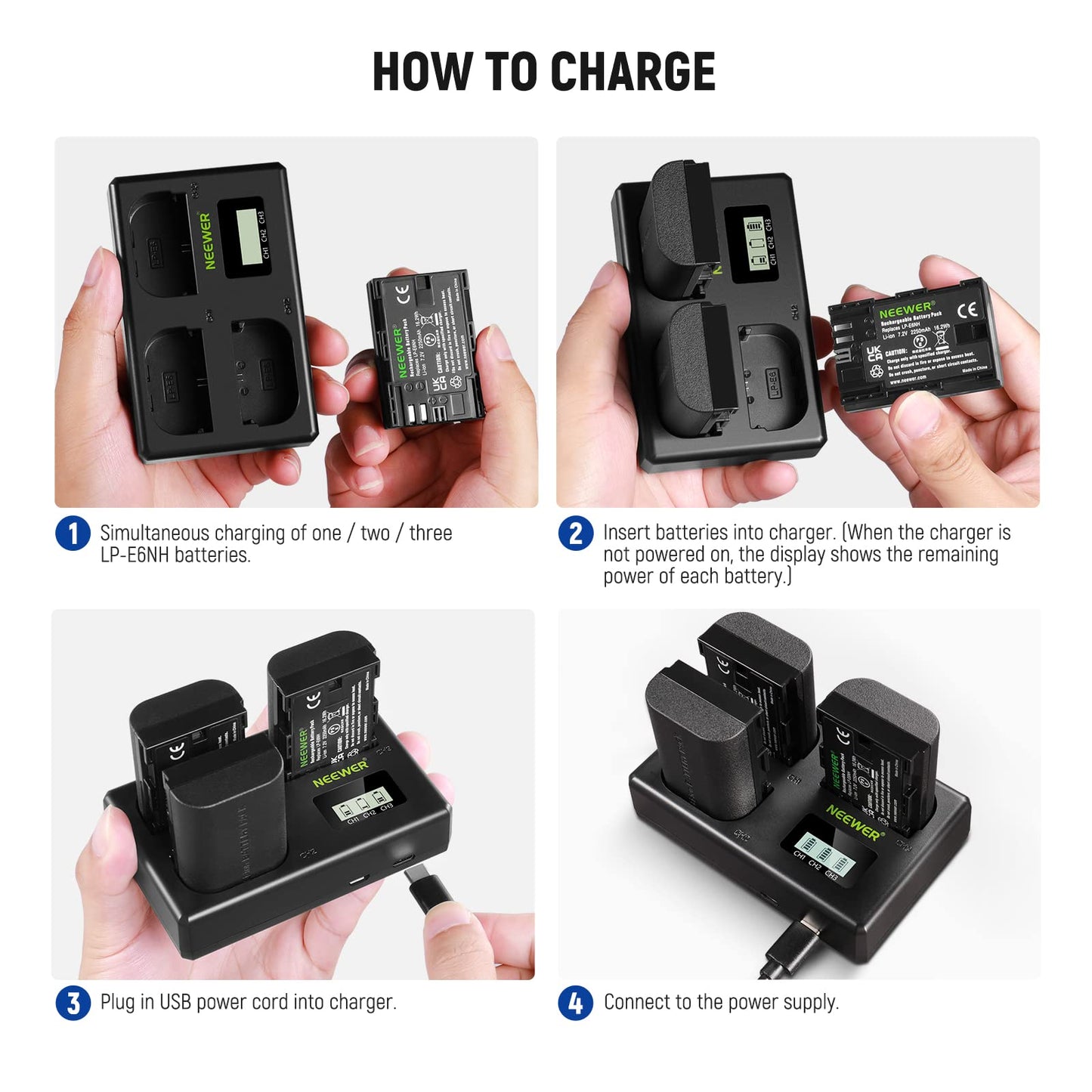 NEEWER LP-E6NH Replacement Battery and USB Charger Set, Pack of 3, 2250 mAh Replacement for LP-E6NH Battery & Triple Slot USB Charger Compatible with Canon EOS R7 R5 R6 R6 II R, 5DIV, 6DII, 7DII, 80D,