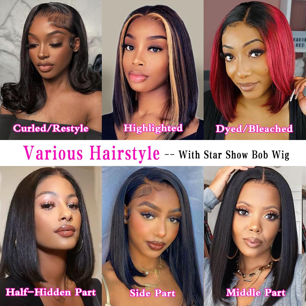 Star Show Bob Wig Glueless Wigs Human Hair Pre Plucked Pre-Cut 5×6 HD Lace Front Wigs Human Hair Bob Human Hair Wig Wigs Human Hair Glueless Human Hair Bleached Knots Wear And Go 12 Inch