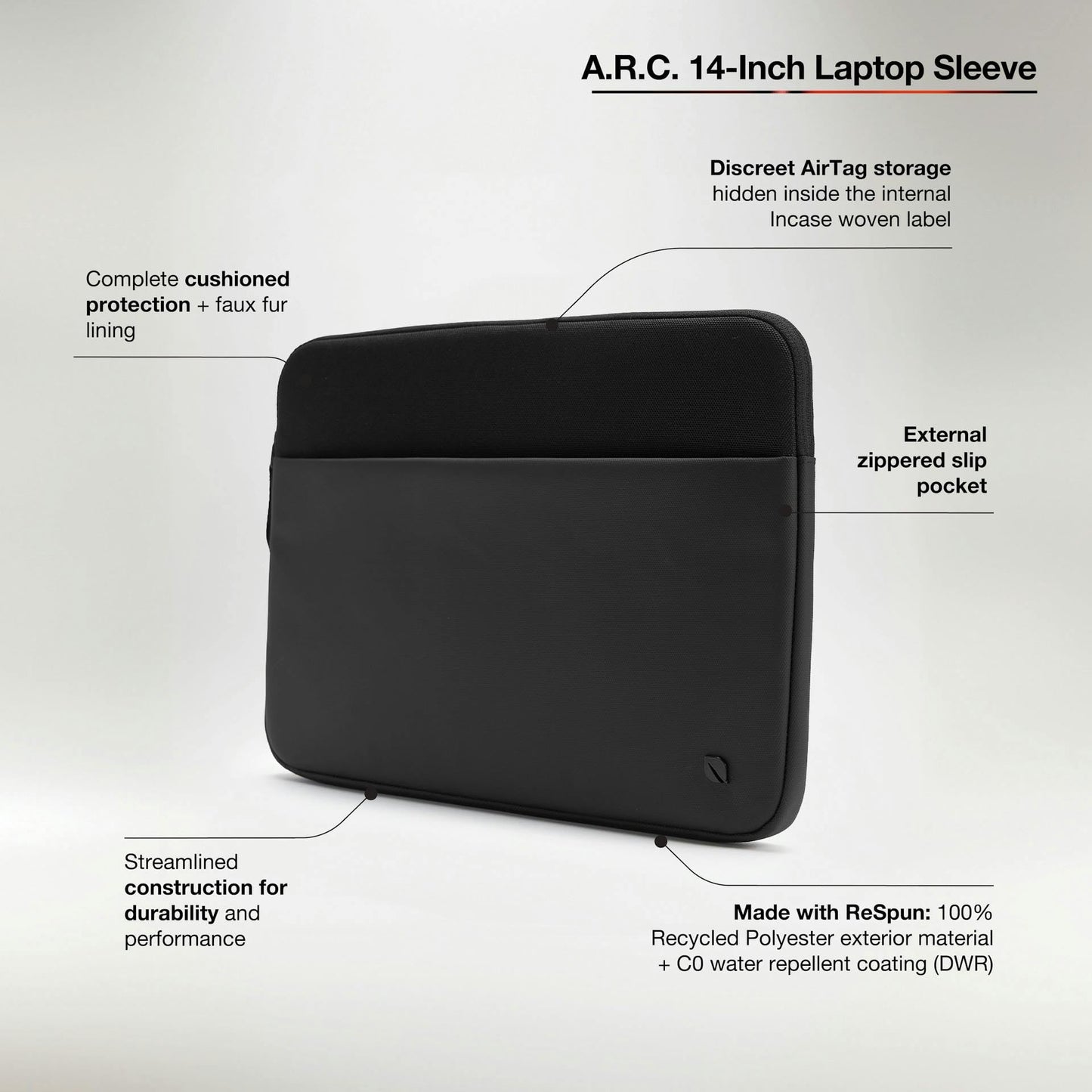 Incase A.R.C. Laptop Sleeve 14 Inch – MacBook Case with Faux Fur Lining, External Pocket – Fits MacBook Pro Air Lenovo Dell HP – Laptop Cover, Computer Case - Travel, Work, College - Black