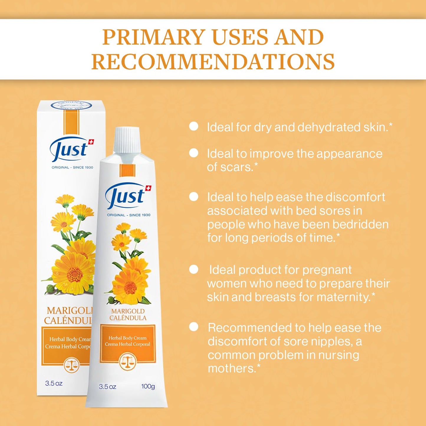 Swiss Just Cream 100ml, Nourishing Cream with Marigold Extract. Body Cream Promotes Cell Renovation & Improves the Appearance of Scarring & Stretch Marks