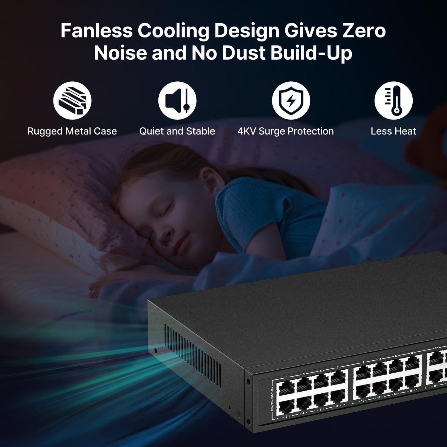 24 Port PoE Switch,10/100Mbps PoE+ Ethernet Switch Unmanaged with 2 Gigabit Uplink Ports, Up to 30W Per Port, Total Budget 280W, 802.3af/at Compliant, Fanless Silent, Rack Mount