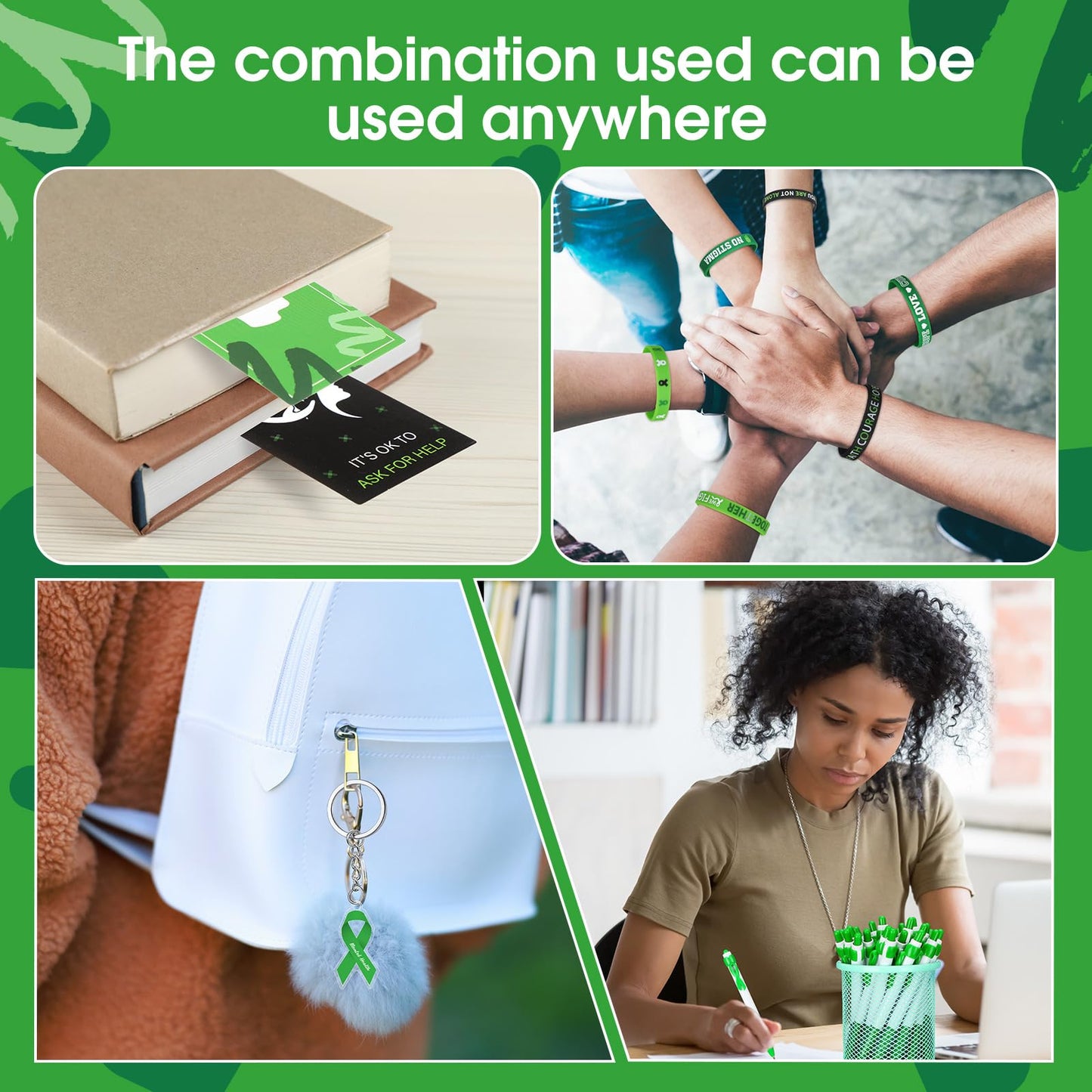 Fullhawl 120 Pcs Mental Health Awareness Gift Set Include Mental Health Pens Green Ribbon Silicone Bracelets Wristbands Bookmark Keychain Green Organza Bag for Office Public Charity Events Supplies