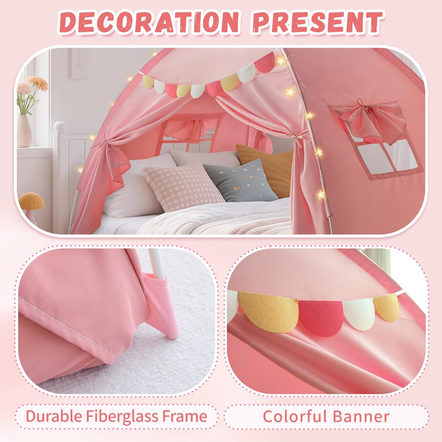 Razee Full Size Bed Canopy for Kids, Girls Bed Tent Dream Privacy Playhouse Floor Sleeping Tents Indoor, Toddler Under Bunk Bed Pink Tent with Pennant Banners, Kid House Toys for Birthday Gift