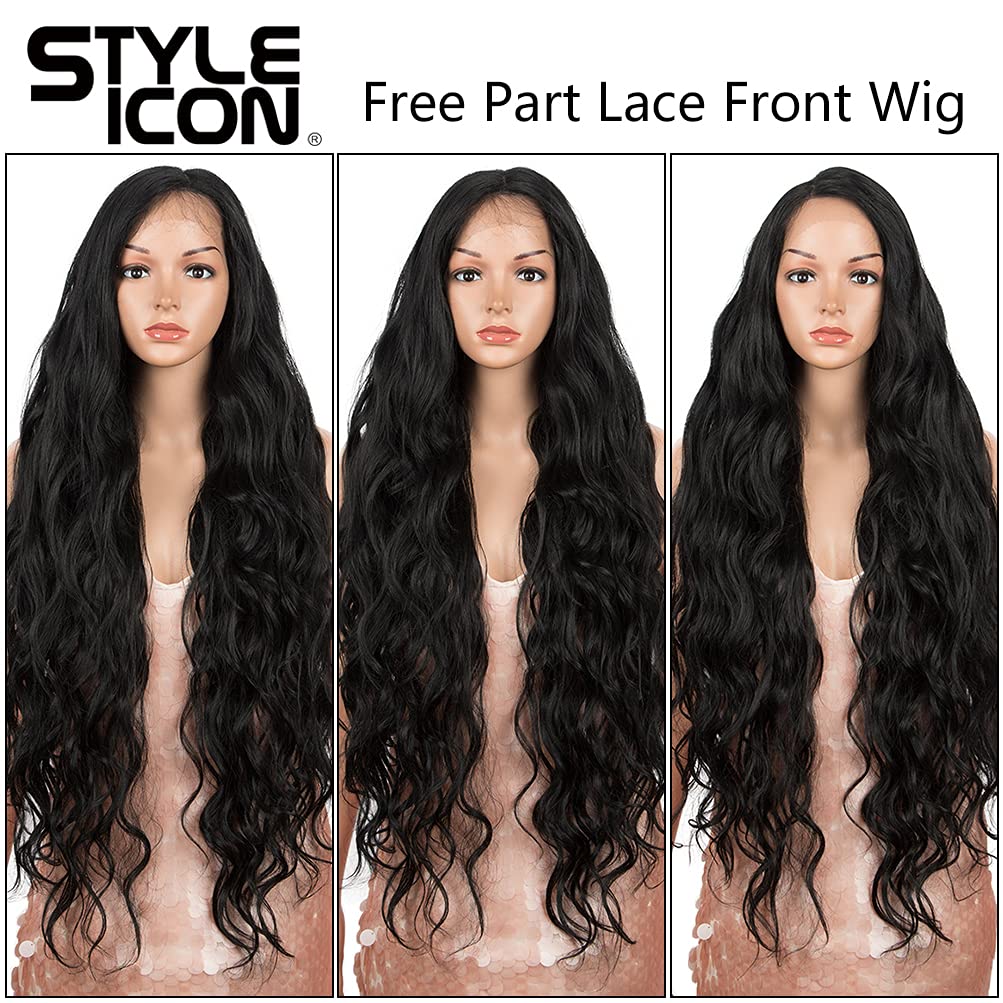 Style Icon Easy-360 Lace Wigs 36" Free Part Lace Frontal Wigs Super Long Wavy Wig Synthetic Wig (36 Inches, 1B)