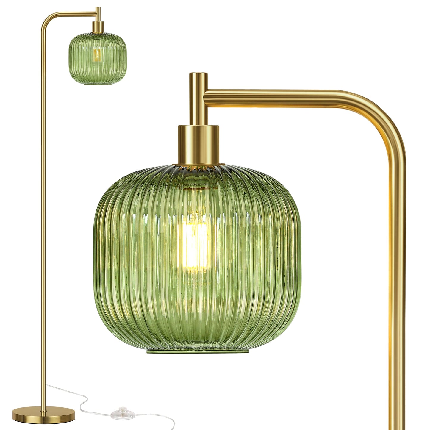 QiMH Glass Floor Lamp for Living Room, Modern Standing Lamp with Ribbed Glass Lampshade Pedal Switch, 67” Tall Lamp for Bedroom Study Room, Brushed Gold (2700K LED Bulb Included)
