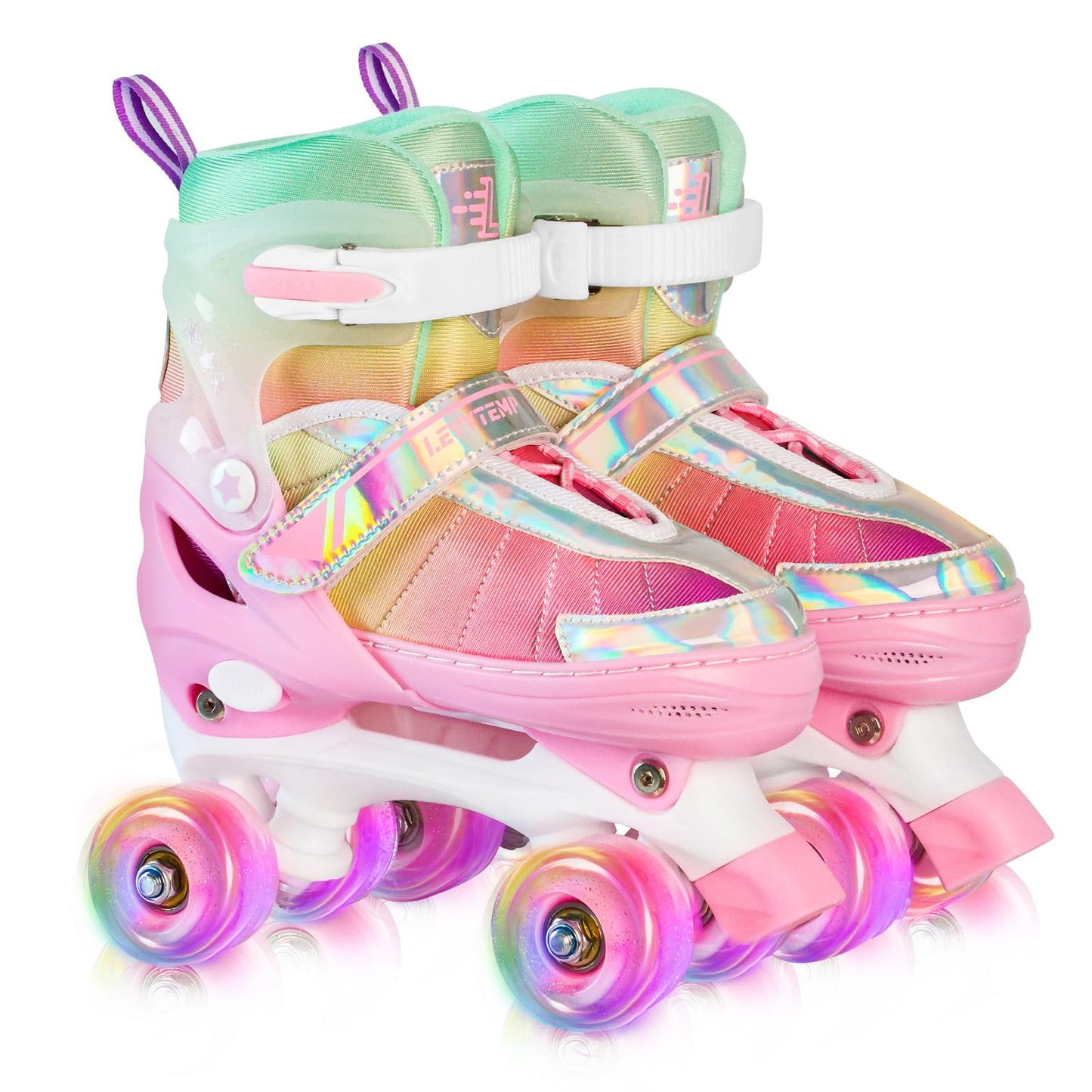LEVYTEMP Rainbow Roller Skates for Girls Kids, Gradient Pink 4 Size Adjustable Quad Skates Size X-Small Ages 6-12 with All Light Up Wheels for Kids Youth Outdoor Indoor