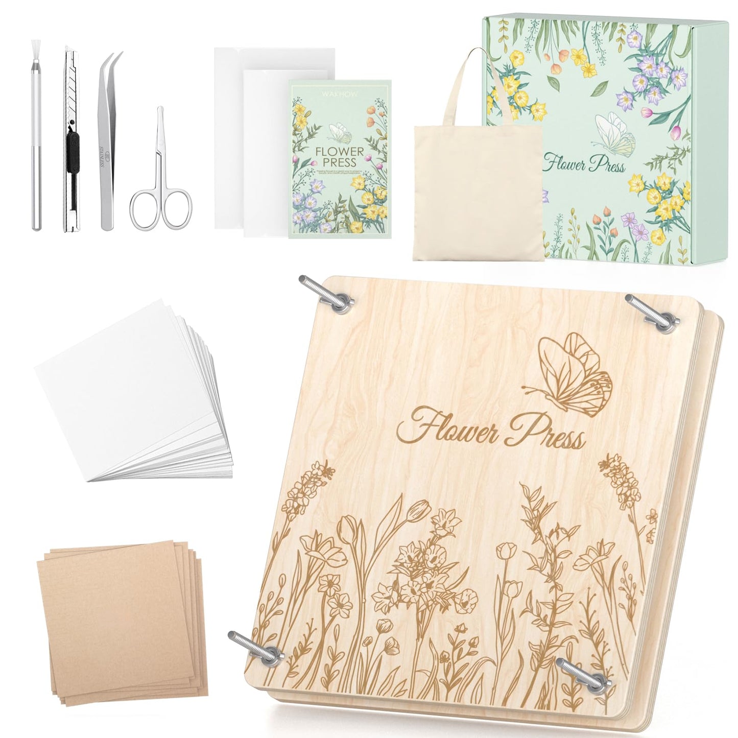 Wakhow Large Wooden Flower Press Kit, 11.02" x 11.02" Pressing Kit for Adults & Kids, DIY Drying Art Kit, Preservation Craft, Ideal Gift for Plant Lovers