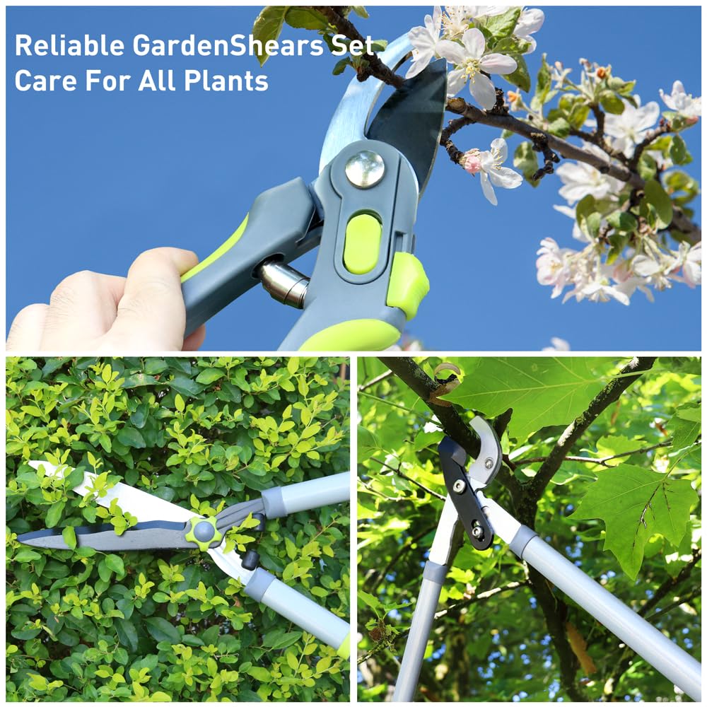 Altdorff Garden Pruning Shears Hedge Clippers, Updated 3PCS Garden Shears Lopper Combo Set, Branch Cutter with Compound Action, Chops Thick High Branch Ease, Professional Tree Trimmer Set Heavy Duty