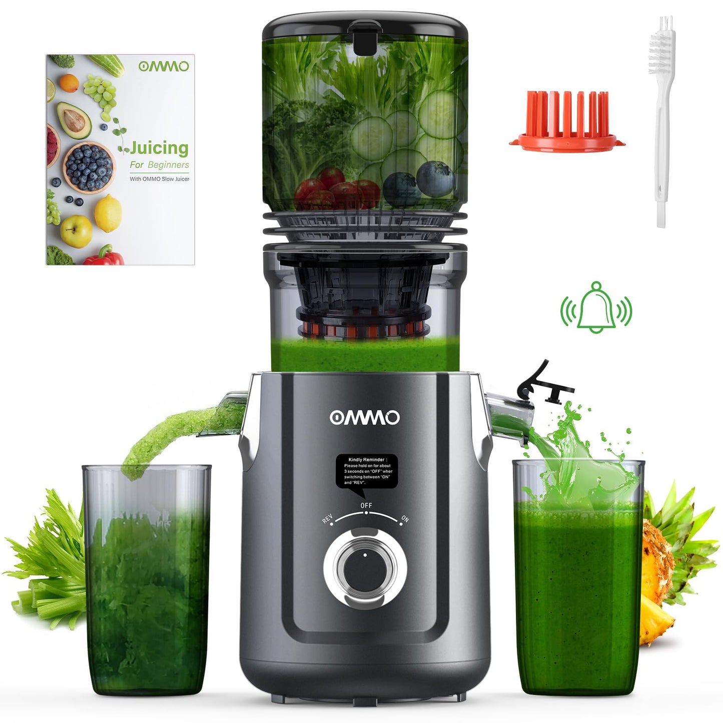 OMMO Cold Press Juicer Machines: 5.1" Wide Feed Chute Slow Masticating Juicer for Whole Fruits & Vegetables, Easy to Clean, High Juice Yield, BPA Free, Grey