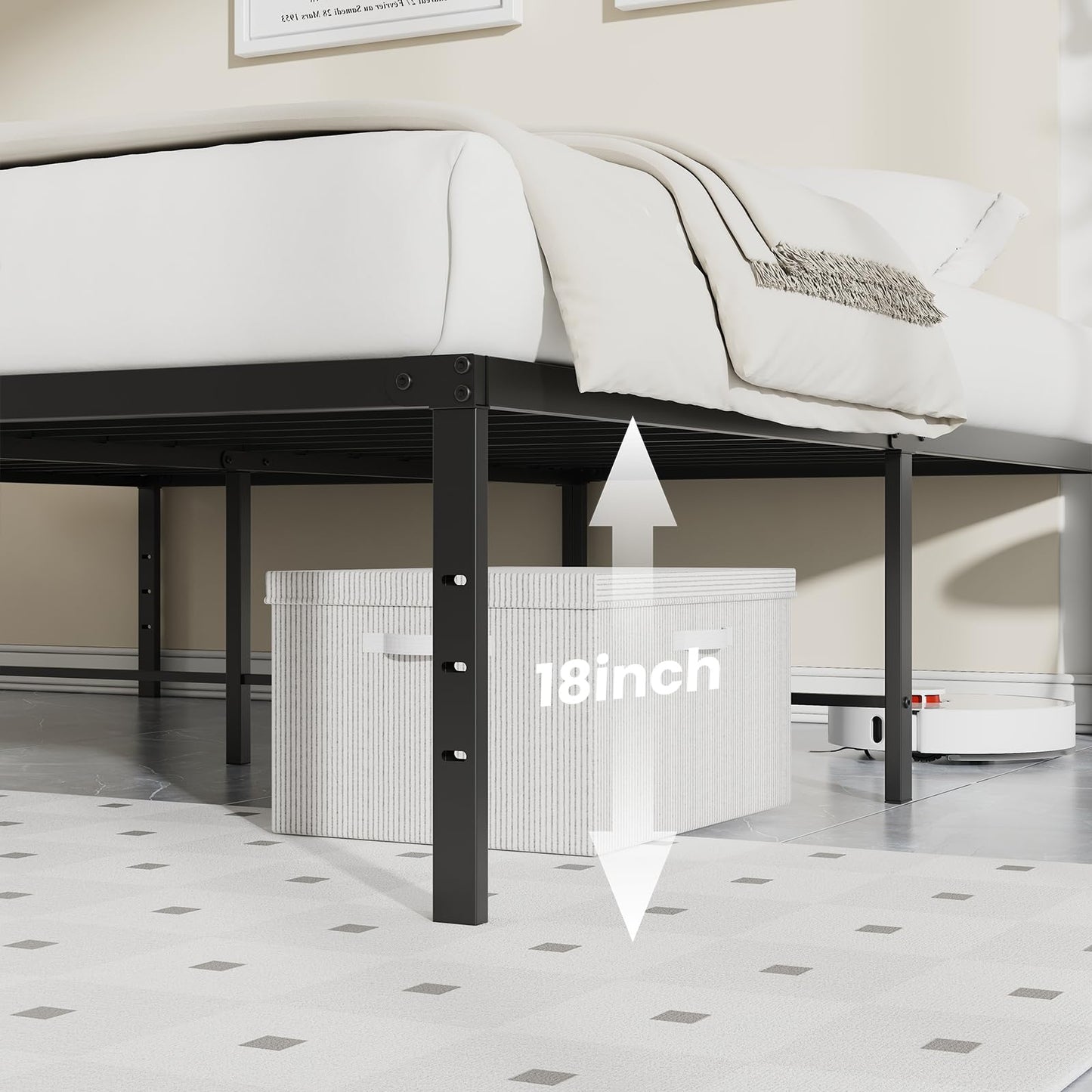 Sweetcrispy Full Size 18 Inch Platform Bed Frame, Heavy Duty Metal Foundation Frame, Noise-Free Sturdy Steel Slats, Underbed Storage, No Box Spring Needed, Quick Setup