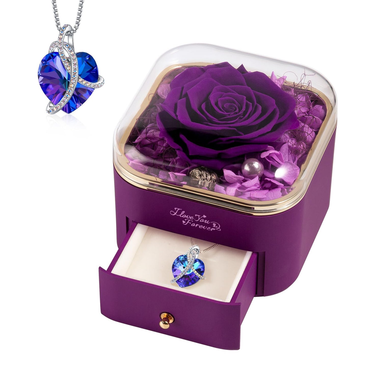 WILDLOVE Preserved Real Purple Rose with Heart Necklace, Forever Flowers Gifts for Mom Grandma Wife Girlfriend at Christmas, Valentines, Mothers Day, Anniversary or Birthday Gifts for Women