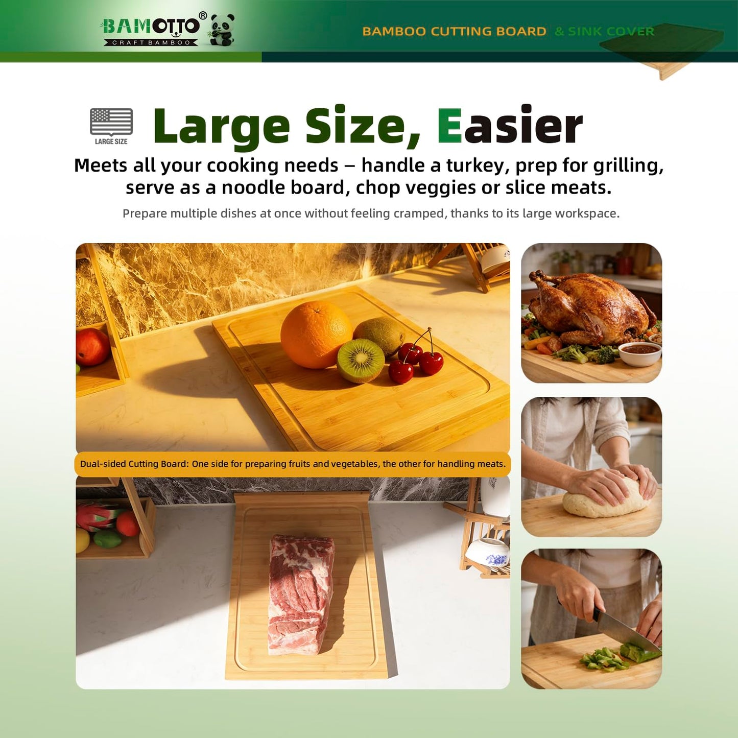 BAMOTTO CRAFTBAMBOO 15.8x22 Inch Large Bamboo Cutting Board, Reversible with Juice Grooves & Detachable Lip, Stovetop Cover and Sink Cover Board for Kitchen Counter