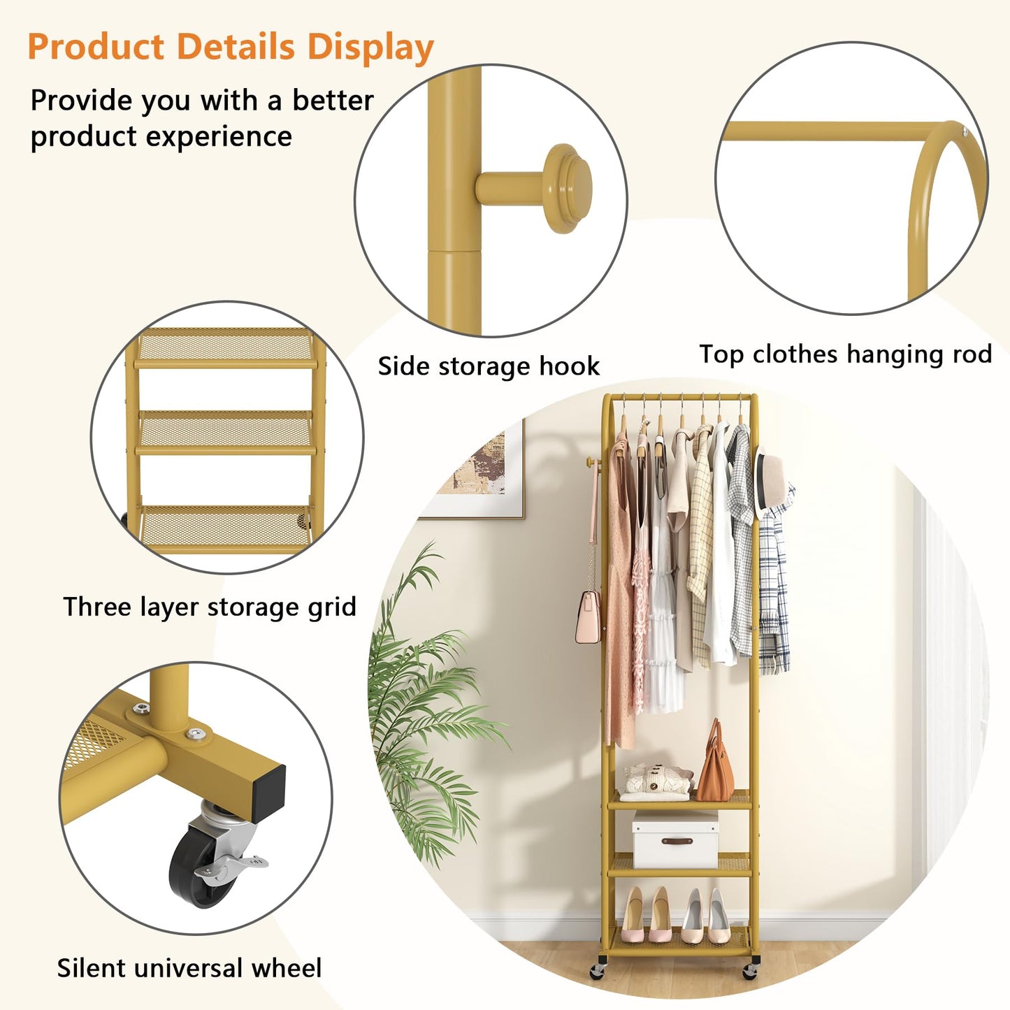 Kaitiemoo Heavy Duty Clothing Rack With Wheels,Modern Garment Rack With 3 Metal Shelves, 71.8Inches Display Rack For Hanging Clothes, Hanging Rod For Small Space,Gold