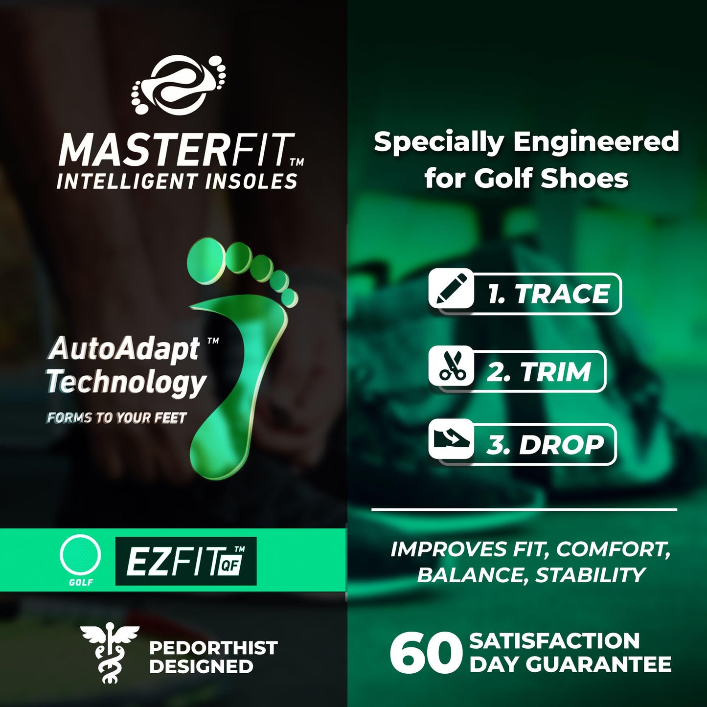 MASTERFIT EZQF Regular Golf Shoe Insoles for Men Women - Enhanced Stability, Precision Swing, and Comfortable Insoles - Athletic Shoe Inserts for Foot Pain - Shoe Insoles for Men Women - XL Size