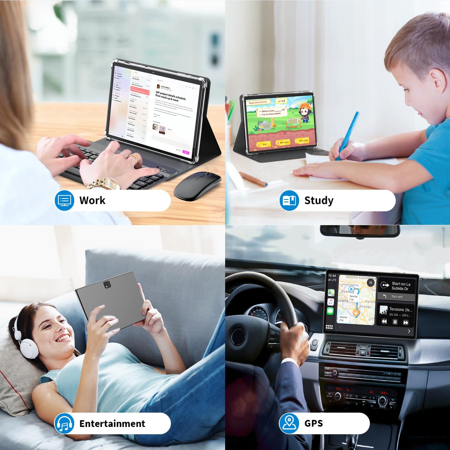 Android Tablet with Keyboard, Android 14 Tablet, 12(6+6)GB+128GB, 1TB Expand, 2 in 1 Tablet, 10 inch Tablet with Case, Mouse, Stylus, 8000mAh Battery, 2.4G/5G WiFi, GPS, Certified Tablet PC, Green
