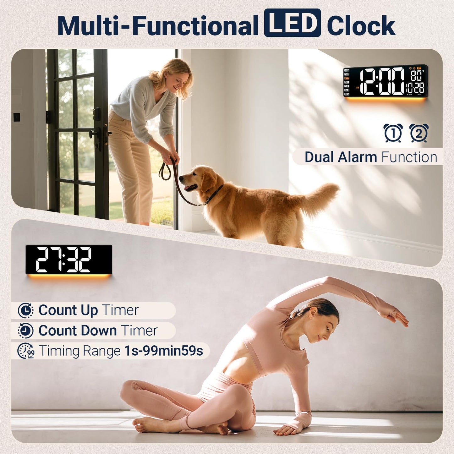 ANSOPER 16.5" Large Digital Wall Clock with Remote Control, Auto-Dimming LED Display with Date Temp, Big Number Wall Mount Decor Clock for Seniors, Classroom, Dorm, Home, Office, Gym White