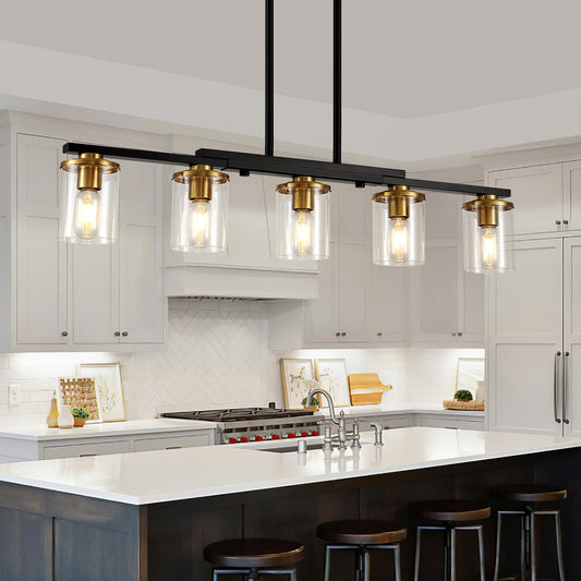 XvmBvm 36.2inch 5-Light Kitchen Island Lighting,Dining Room Lights Modern Farmhouse Chandelier with Clear Glass Shade,Modern Rustic Black and Gold Metal Chandelier, Kitchen Pendant Light Fixtures