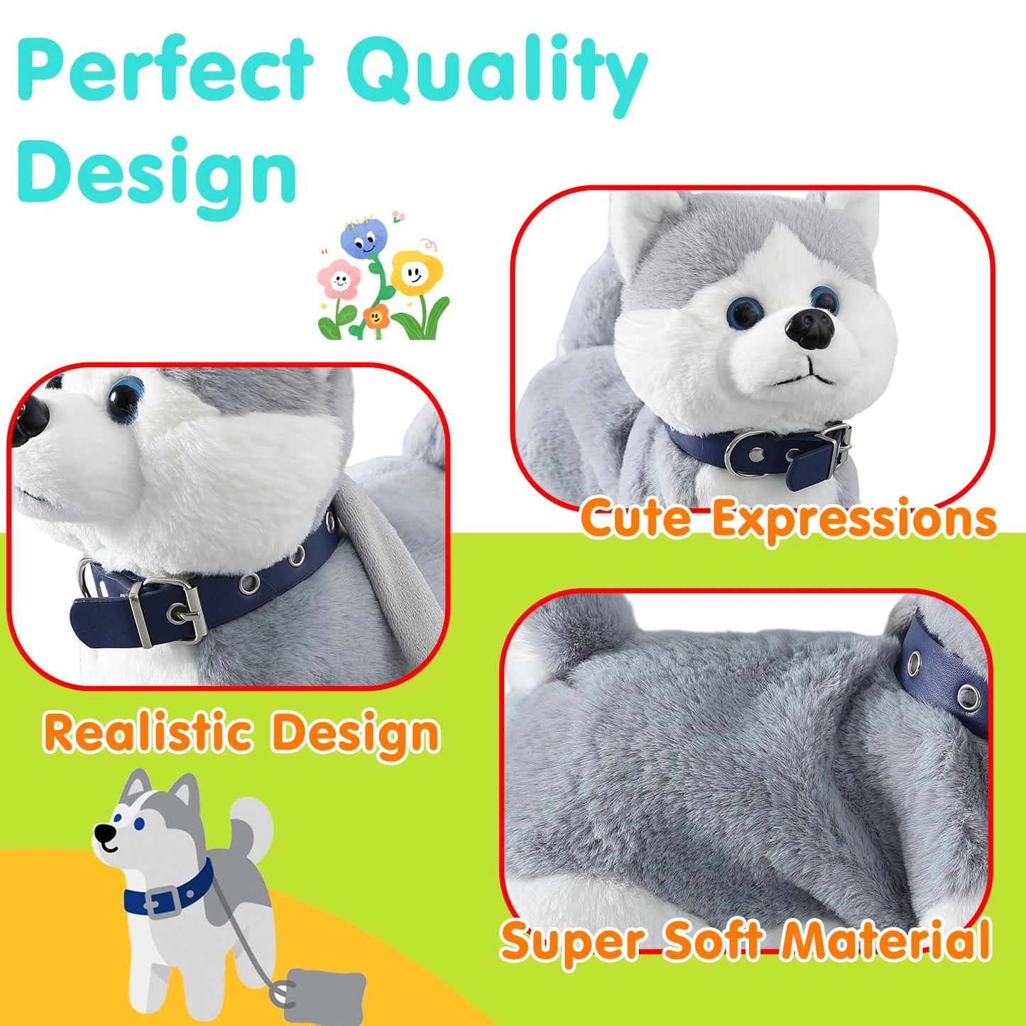 Husky Walking Dog Barking Toy, Musical Singing Dancing Dog, Volume Control Interactive Puppy Walk Along with Leash, Wagging Tail Shaking Head, Robot Dog Plush Stuffed Animal Puppy
