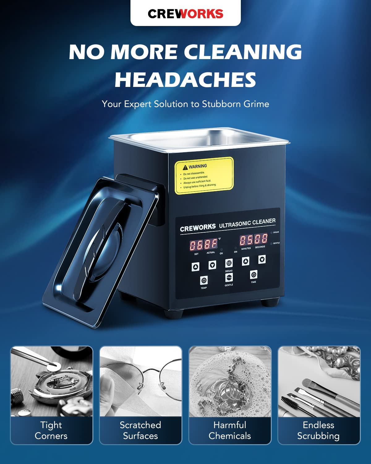 CREWORKS 2L Digital Ultrasonic Cleaning Machine with Degas and Gentle Mode, 60W Ultrasonic Cleaner Machine with Heater and Timer, 0.5 gal Ultrasound Cleaner for Retainer Watch Denture Glasses More