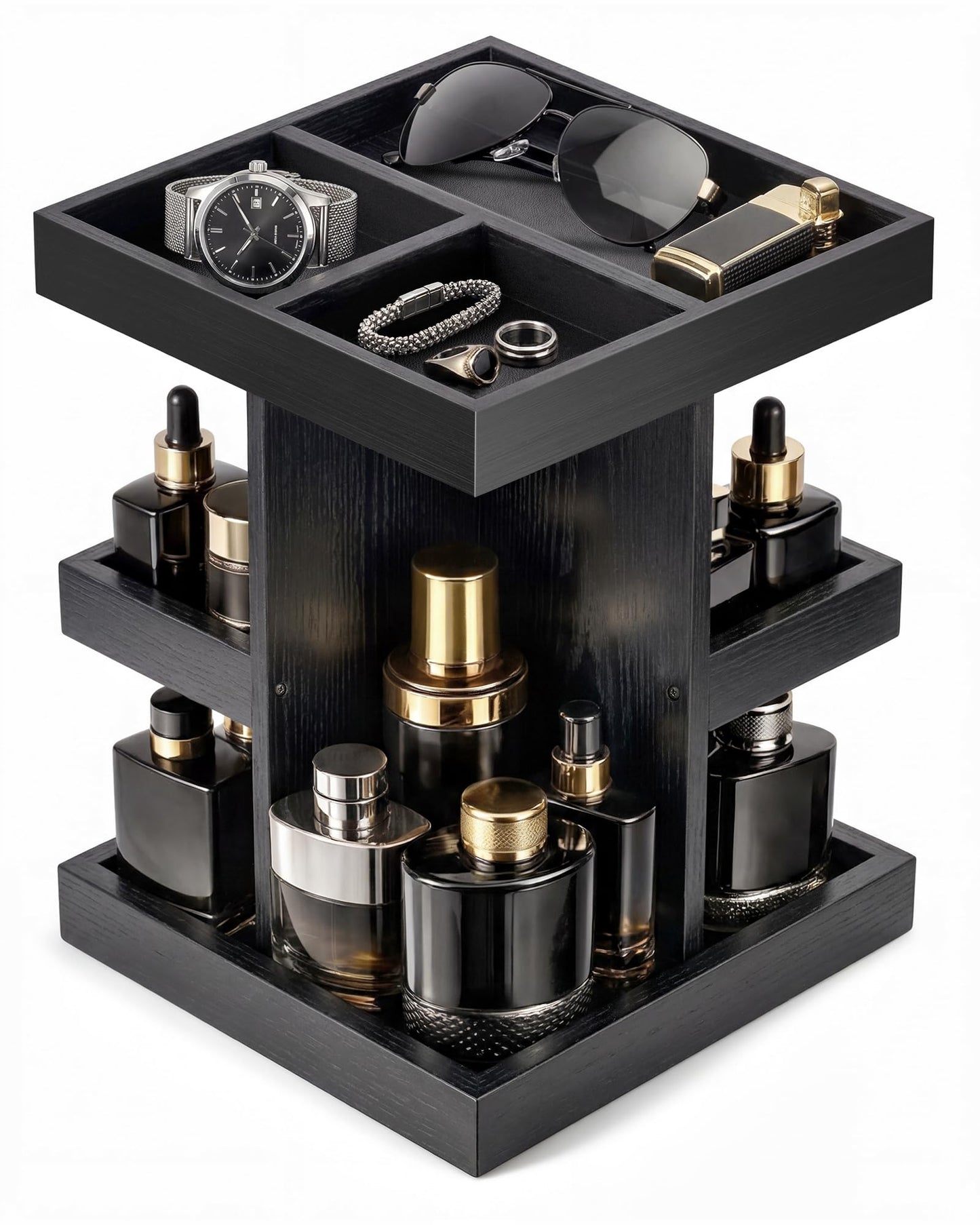 ProCase 3-Tier 360° Rotating Cologne Organizer for men, Large Capacity Wooden Countertop Display Rack for Bathroom & Dresser, Space-Saving Vanity Tray for Perfume & Skincare, Gifts for Him (Black)