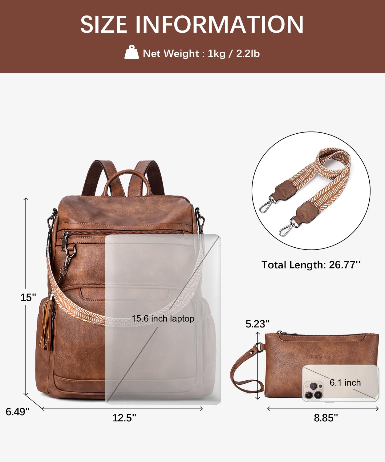BOSTANTEN PU Leather Laptop Backpack for Women Designer Travel Backpack with Laptop Compartment Ladies Computer Shoulder Bags