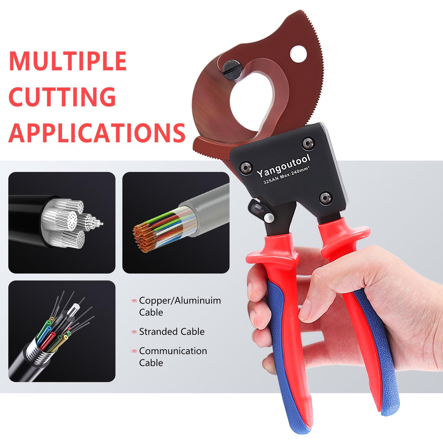 Yangoutool Ratchet Cable Cutter Heavy Duty for Copper and Aluminum Cables, 240mm² Capacity, Sharp Polished Edges, Ideal for Cutting Large Armored Electrical Wires, Perfect for Electricians