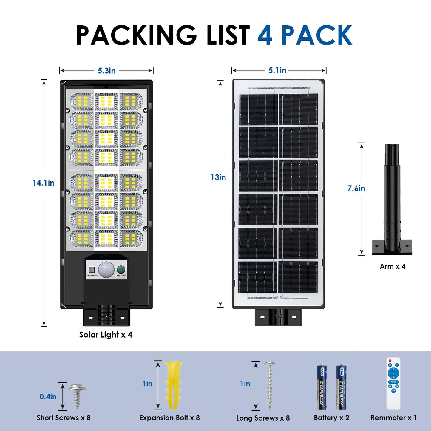 4-Pack Solar Street Lights Outdoor, 20000LM Waterproof LED Solar Flood Lights with Motion Sensor, 6500K Dusk to Dawn Solar-Powered Light Remote Control for Outside, Security Lights for Yard Driveway