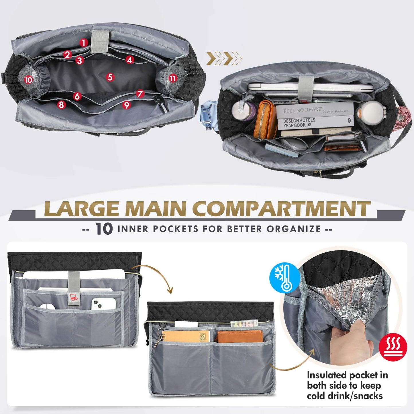RAINSMORE Teacher Tote Bag 15.6 inch Laptop Bag for Women Work Bag Laptop Tote Nurse Bag Professional Computer Messenger Bag with Insulated Pocket, Laptop Briefcase for Office, College, Nursing, Black