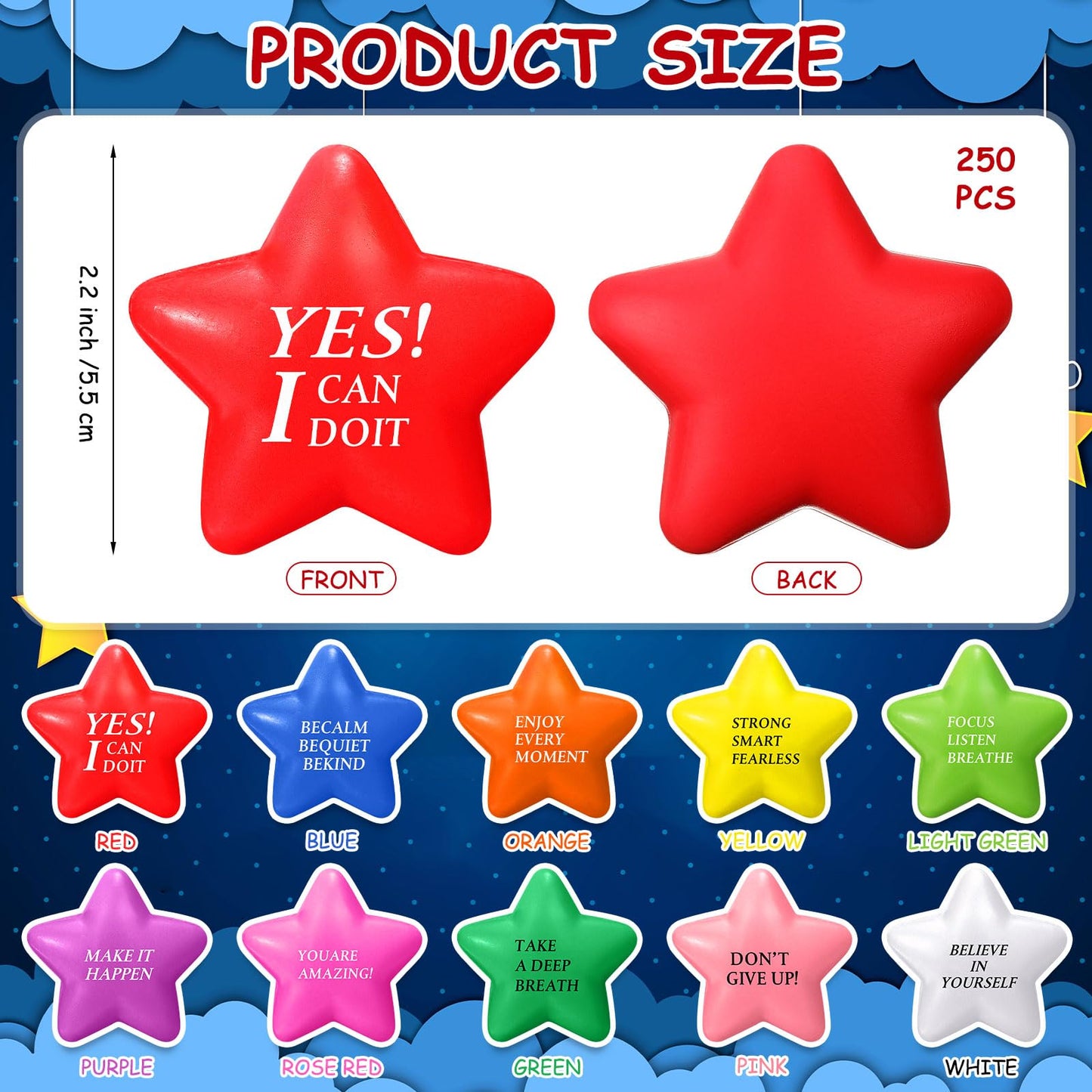 Jenaai 250 Pcs Motivational Stress Balls Bulk with Quote Inspirational Funny Colorful Foam Balls Hand Exercise Stress Relief Easter Gifts for Kids Adults Relieve Anxiety Party Supplies(Star)