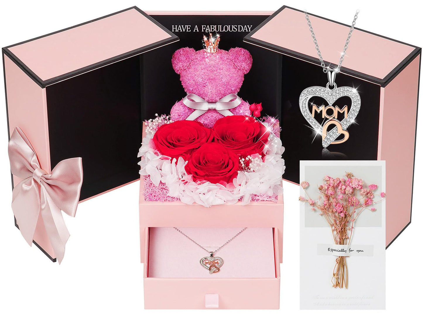 ADDWel Gifts for Mom Birthday Mothers Day - Real Preserved Rose Gift with 925 Sterling Silver Mom Necklace and Cute Teddy Bear, Timeless Elegant Gift from Husband Son or Daughter, Unique Moms Gifts