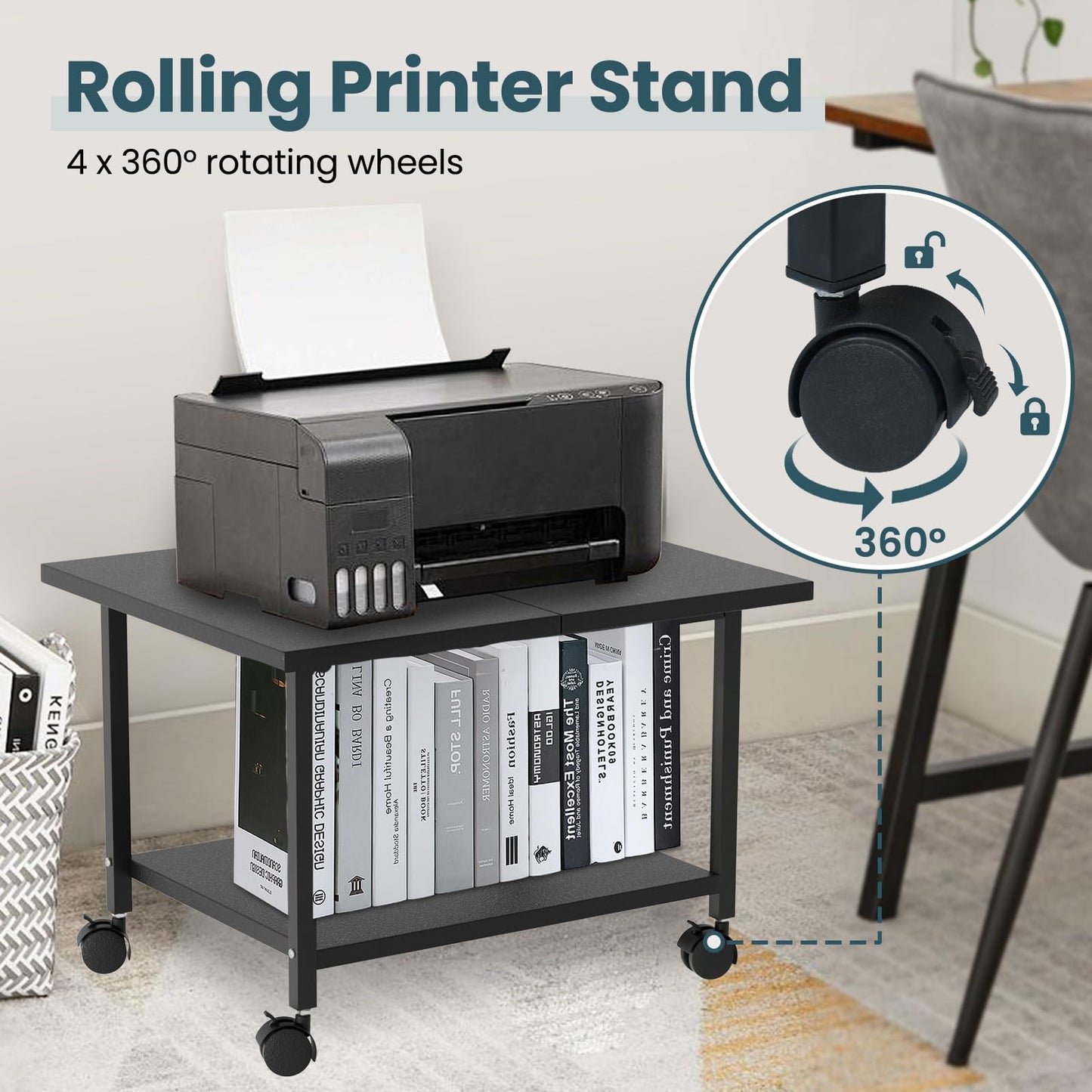 SwaaVee Printer Stand, 2-Tier Under Desk Printer Stand, Printer Cart with Wheels for Home, Office, Heavy-Duty Storage Shelf, Black