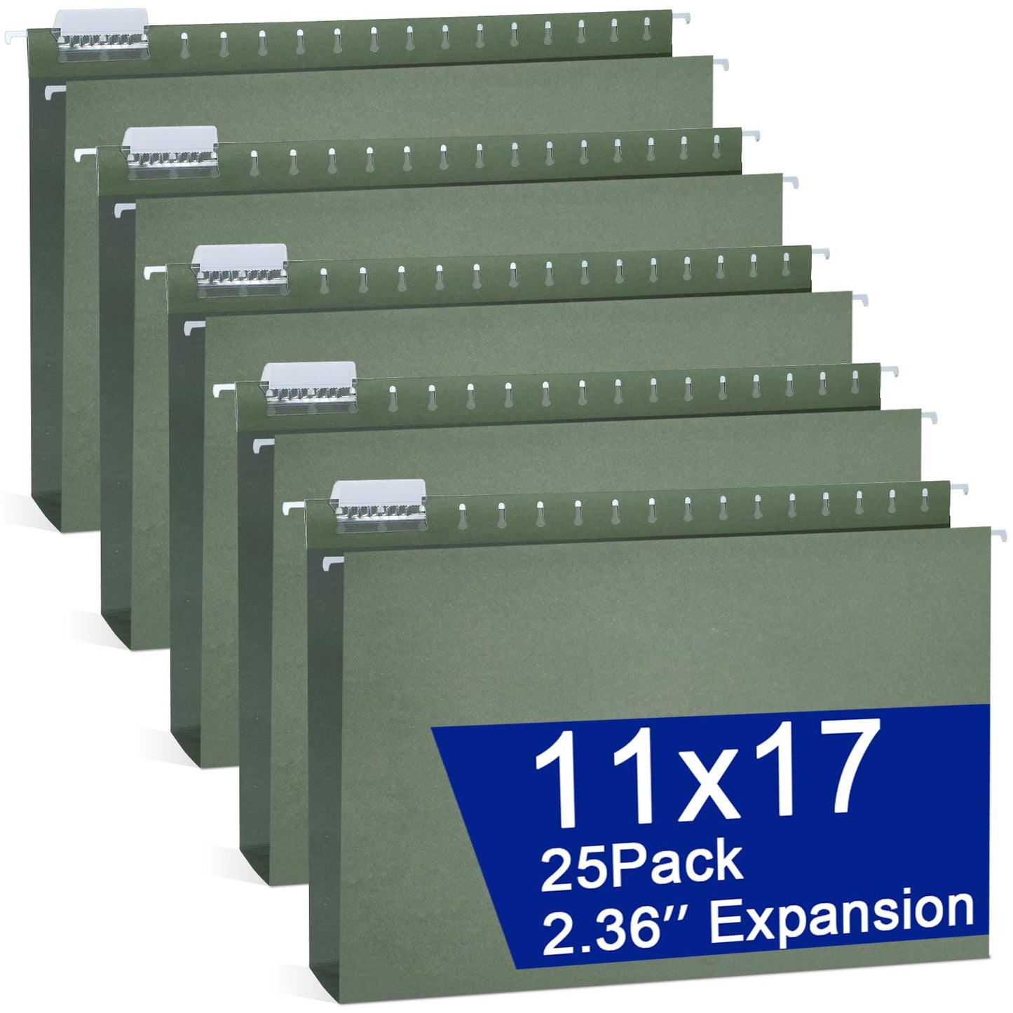 25 Pack Reinforced 12×18 Hanging File Folders 1/5 Cut Heavy Duty Hanging File Folders with Plastic Tabs & Label Cards Expanding Hangers File Organizer for 11×17 Paper Engineering Document (Green)