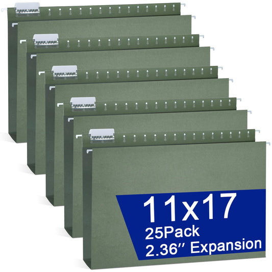 25 Pack Reinforced 12×18 Hanging File Folders 1/5 Cut Heavy Duty Hanging File Folders with Plastic Tabs & Label Cards Expanding Hangers File Organizer for 11×17 Paper Engineering Document (Green)