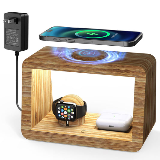 Bamboo Wireless Charging Station 4-in-1 Wireless Charger with Nightlght, Compatible with iPhone 17/16/15/14/13/12 Pro Max/X/Xs Max/8, AirPods 4/3/ & AirPods Pro3/2/1, Apple Watch Series