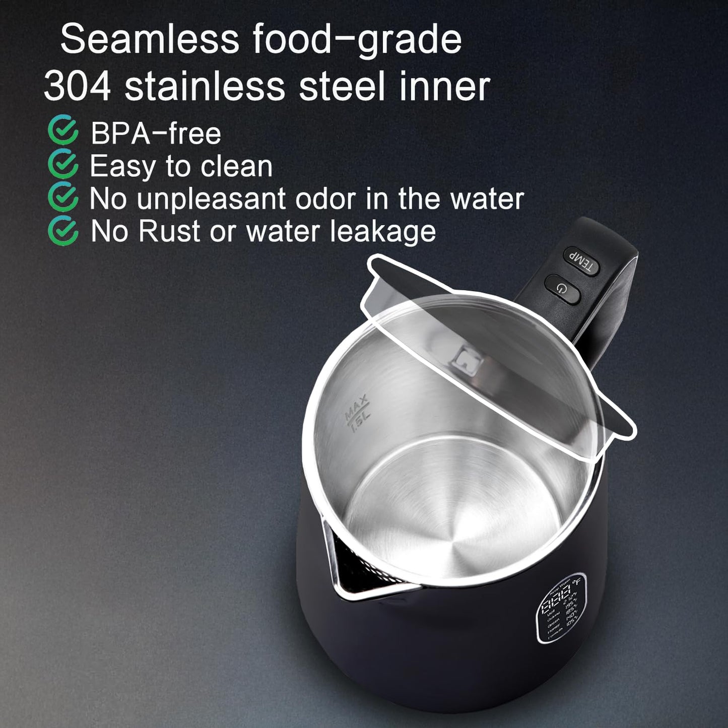 QUAXWELL 1.5L Electric Kettle Stainless Steel, Double Wall Cool Touch Teapot, Fast Boil,5 Temperature Control, LED Display, Auto Shut-Off, BPA-Free,Keep Warm Function, Ideal for Tea & Coffee,Black