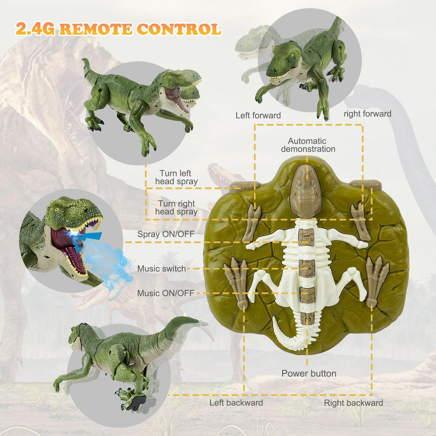 ToyFuntasy Remote Control Dinosaur Toys for Kids Ages 4-7 8-12 - Best Birthday Gifts for Boys 4 5 6 7 8 9 10 11 12 Year Old, RC Walking Dino with Roaring, Spray, Light, Touch Sensing
