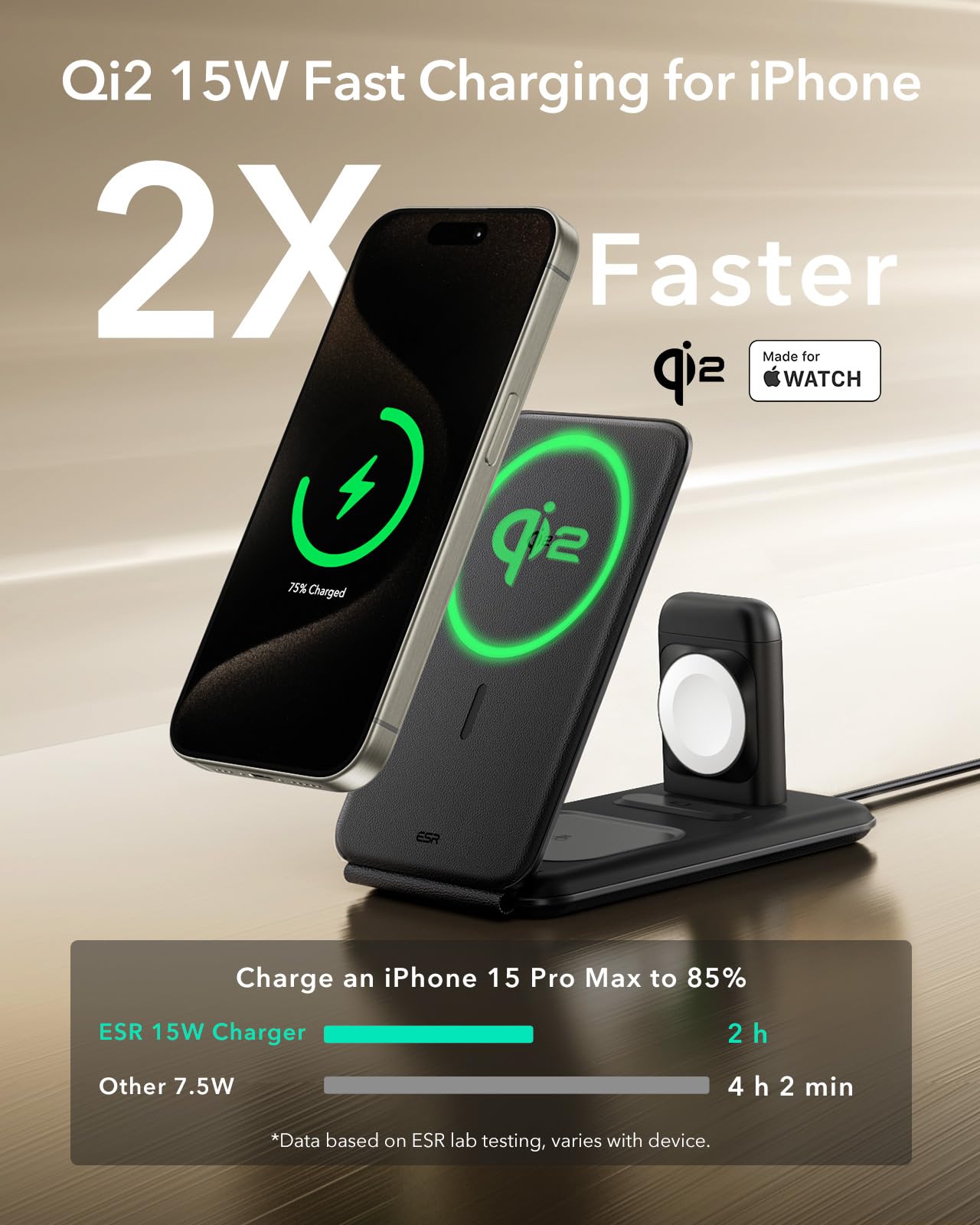 ESR Qi2 3 in 1 Charging Station for Apple, [Certified] Apple Watch Charger & Qi2 15W MagSafe Charger Stand for iPhone, Travel Charger for Multiple Devices, iPhone 15/14/13, Watch & AirPods, Black