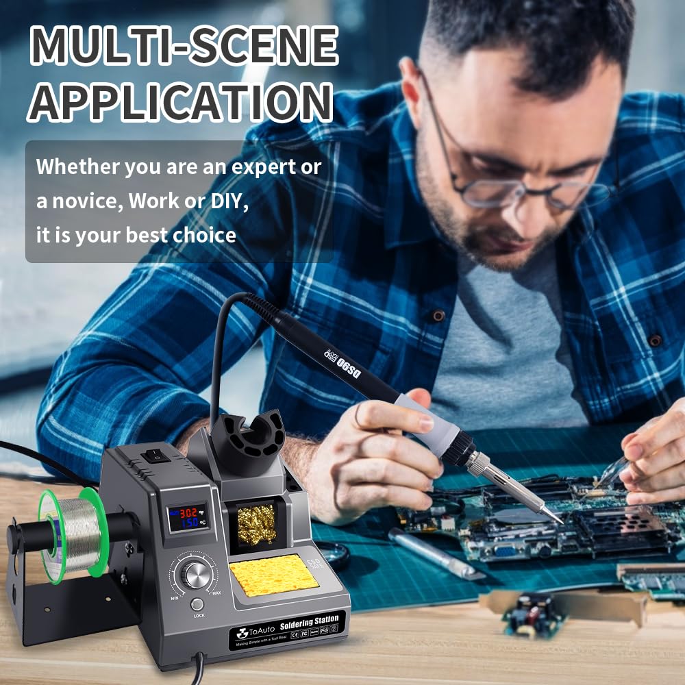 TOAUTO DS90 Soldering Station-°F & °C Dual Digital Display Soldering Iron Station Kit,90W Soldering Iron,302℉- 842℉ Temperature, Anti-Static Design & Grounding Wire, Auto Standby & Sleep,5 Solder Tips