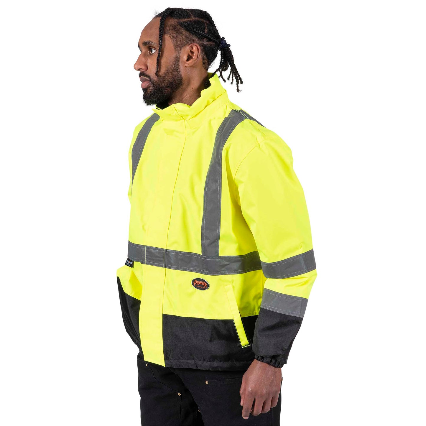Pioneer Hi Vis 2-in-1 Safety Rain Jacket for Men & Women - Reverses to Black Puffer - Reflective Waterproof Gear - Class 3
