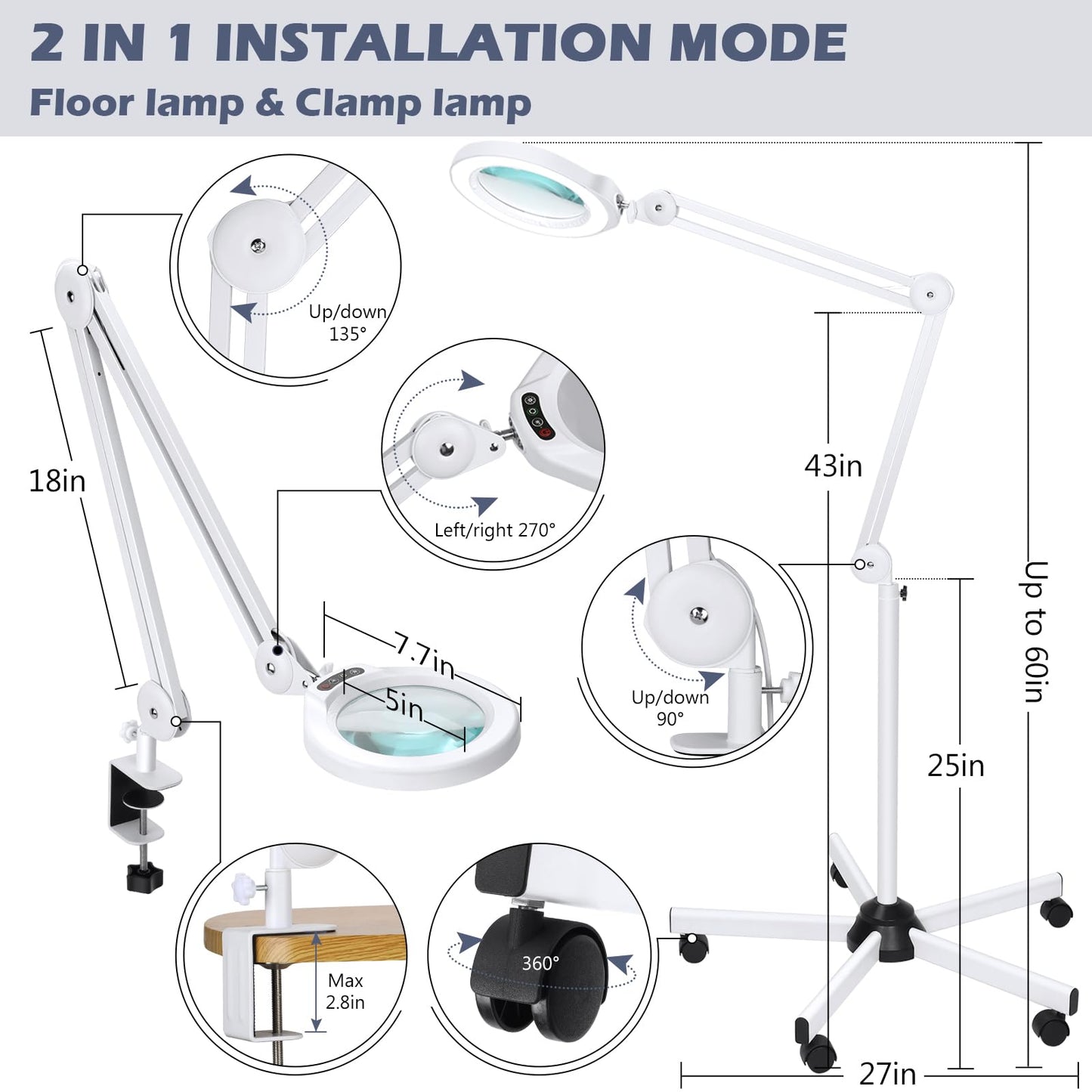 8X Magnifying Glass with Light and Stand, Veemagni 2,200 Lumens Magnifying Floor lamp with 5 Wheels Rolling Base, LED 5 Color Modes, Stepless Dimmable Lighted Magnifier for Esthetician, Facials, Salon